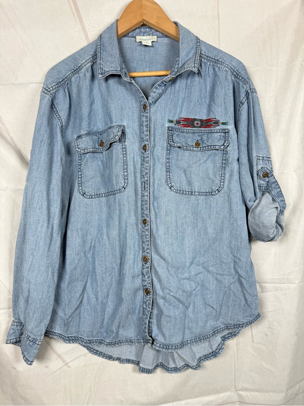 Sundance Women Shirt Aztec Linen Southwest Western Denim Chambray M